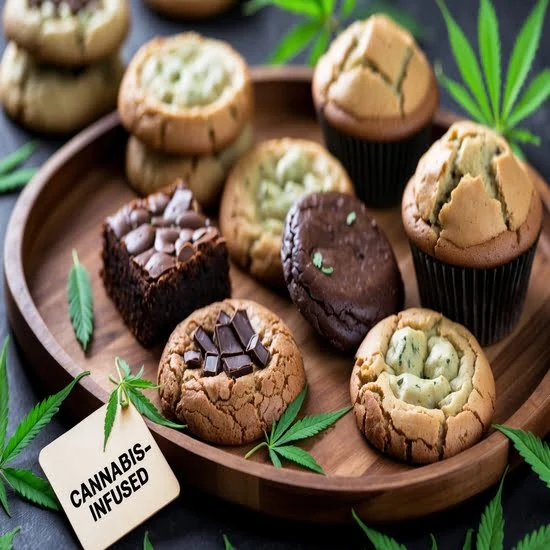 Cannabis-infused baked goods displayed on a wooden tray.