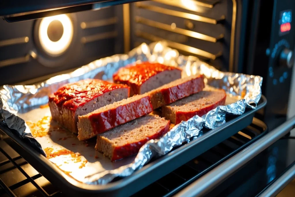 Meatloaf slices wrapped in foil on a baking tray in an oven.