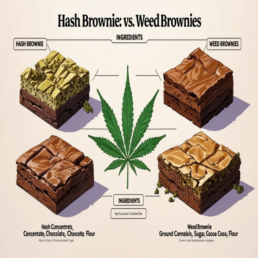 Illustration of hash brownies vs. weed brownies with ingredients labeled.