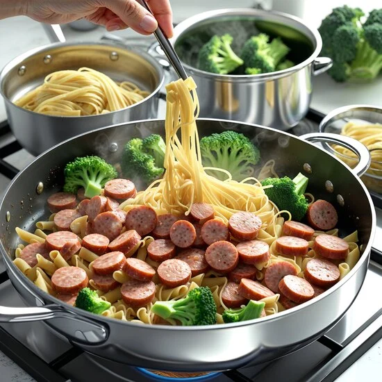 Step-by-step process of cooking pasta with sausage and broccoli.