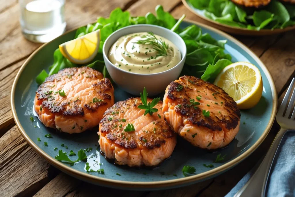 Ingredients for old-fashioned salmon patties neatly arranged on a wooden cutting board with a rustic kitchen background.