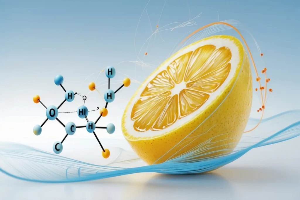 Lemon with vitamin C molecule illustration.