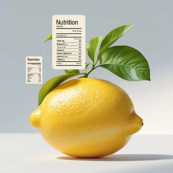  Whole lemon with floating nutrition labels.