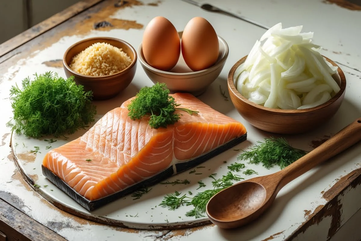 Ingredients for salmon patties on a rustic kitchen counter, including salmon, breadcrumbs, eggs, and fresh herbs.