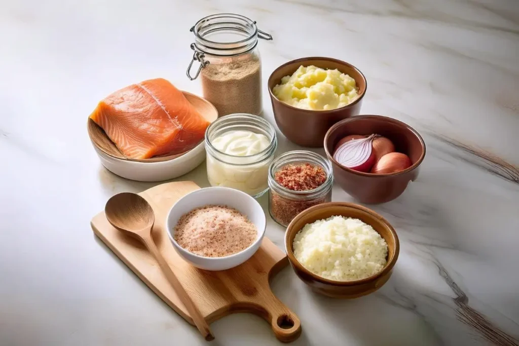 Ingredients for egg-free salmon patties including salmon, mashed potatoes, and breadcrumbs.