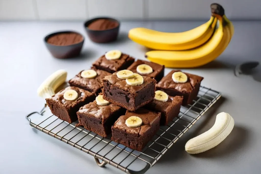 Banana brownies cooling on a wire rack, golden and gooey.