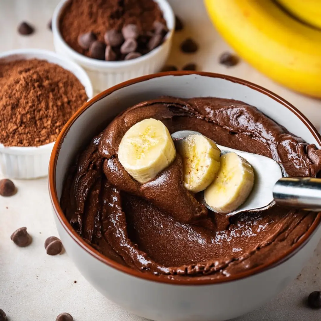 Mixing mashed banana into brownie batter with a spatula.