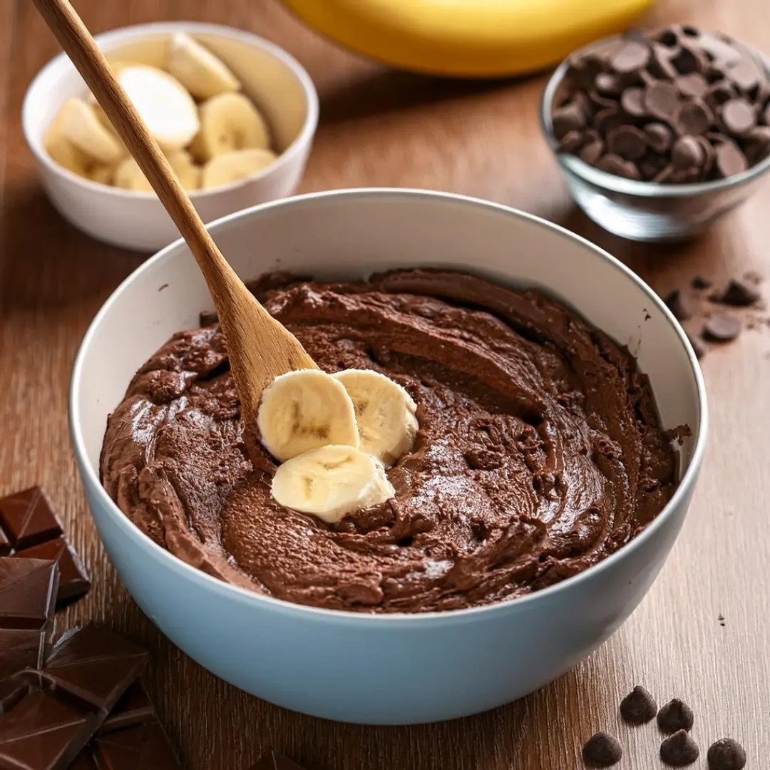 Mixing mashed banana into brownie batter with a spatula.