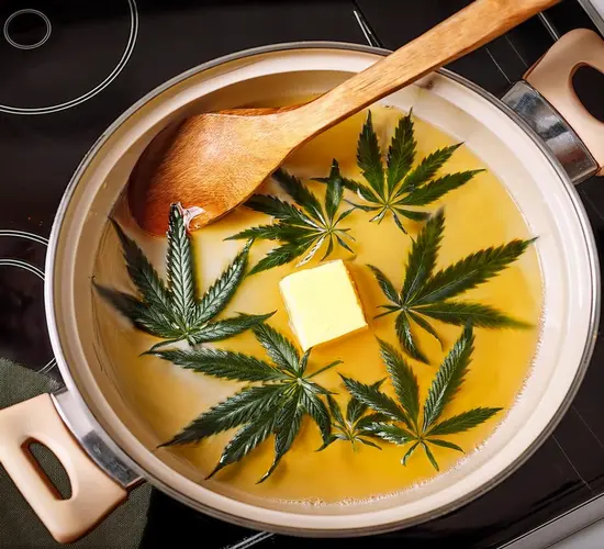 Cannabis butter being prepared on a stovetop for brownies.