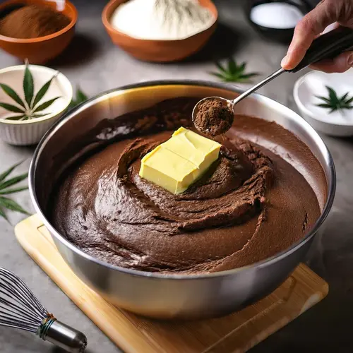 Mixing cannabis butter into brownie batter in a bowl.