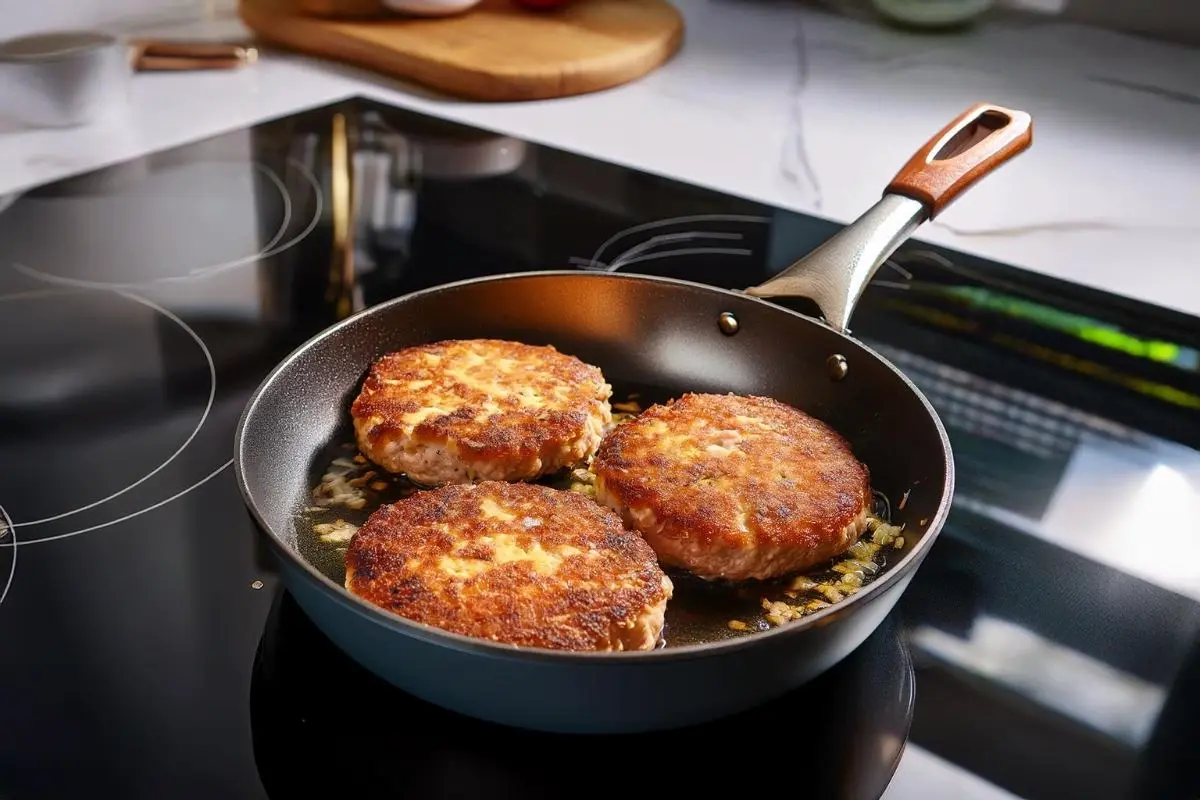 Golden-brown salmon patties frying in a skillet.