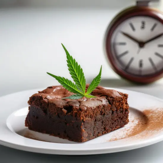 Pot brownie next to a kitchen timer representing high duration.