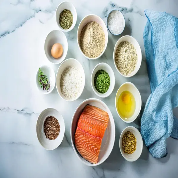 Ingredients for salmon patties arranged neatly on a kitchen counter.