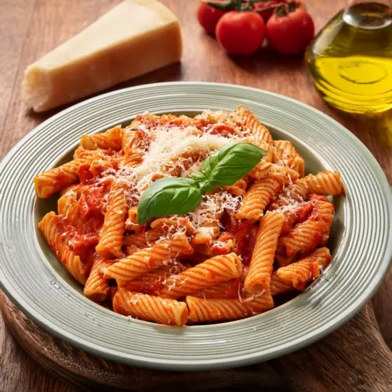 Casarecce pasta with creamy tomato sauce, Parmesan, and basil.