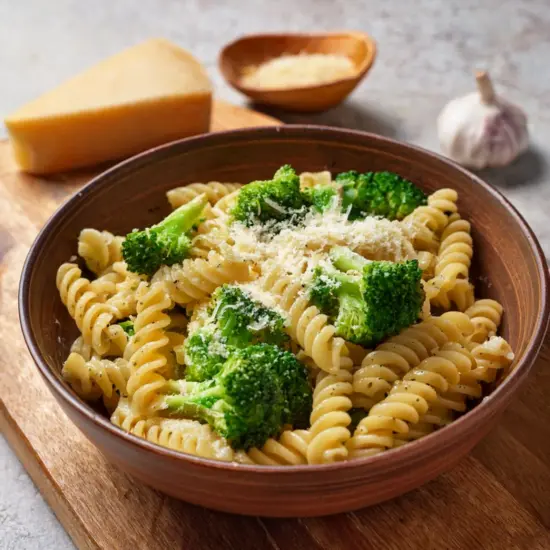 Freshly cooked pasta with broccoli, garlic, olive oil, and Parmesan cheese.