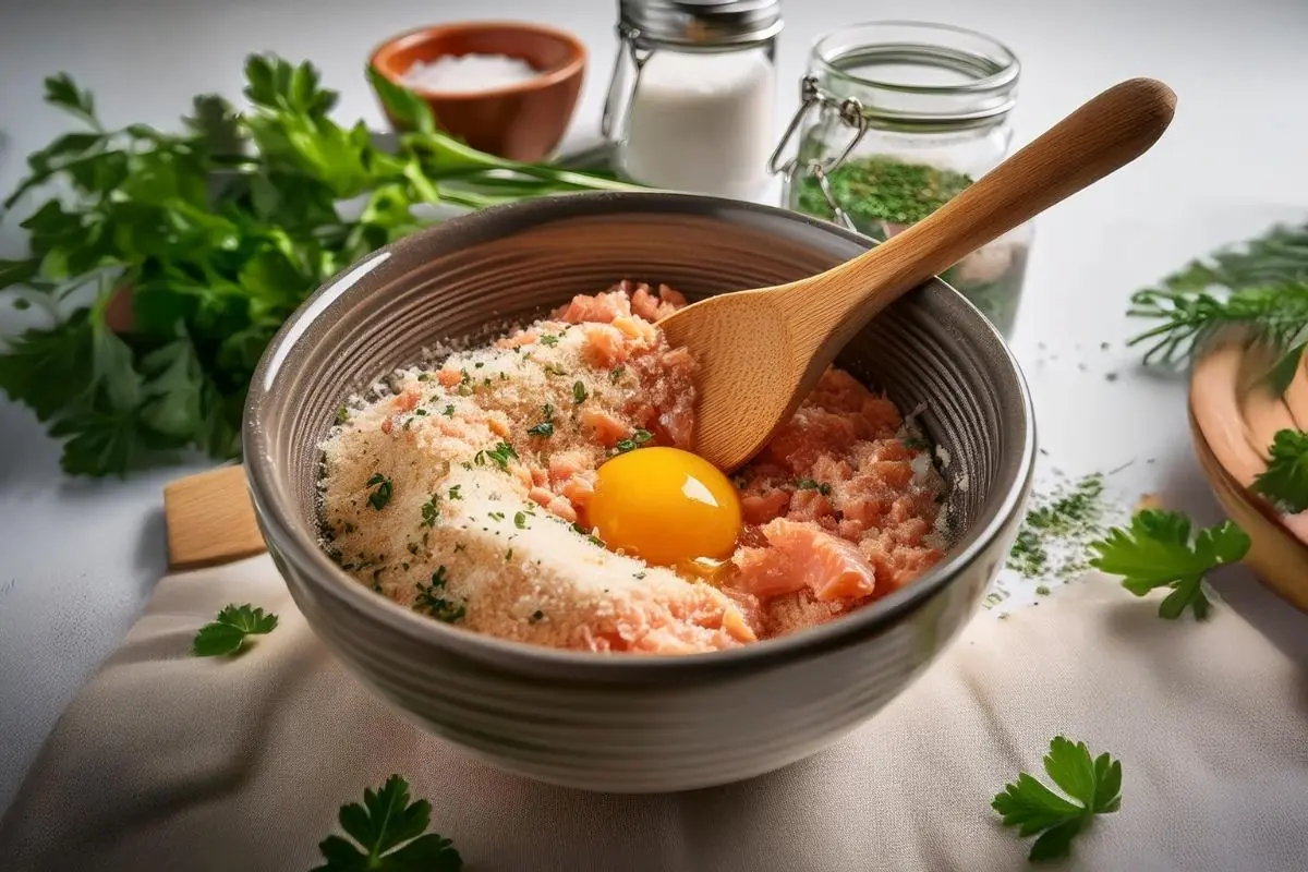 Ingredients for salmon cakes in a mixing bowl with a wooden spoon.