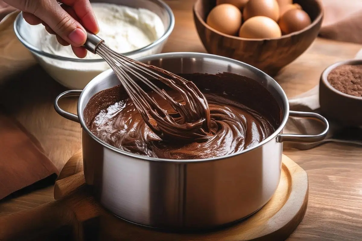 Thick, glossy fudgy brownie batter in a bowl with a spatula.