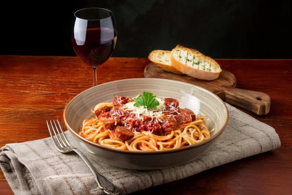 Spaghetti with Italian sausage, marinara sauce, Parmesan cheese, and garlic bread.