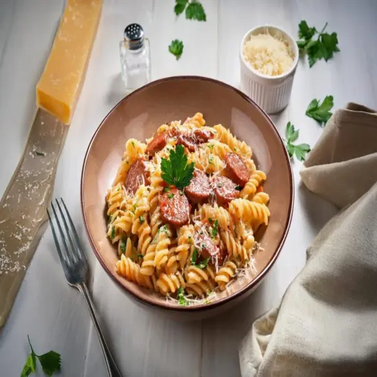 Bowl of sausage pasta garnished with herbs and parmesan.