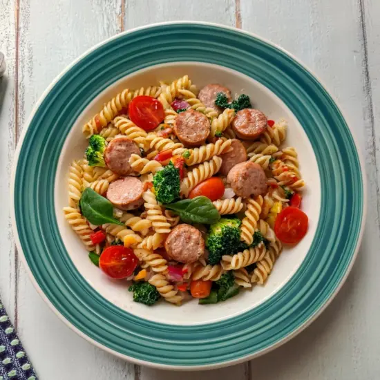 Healthy sausage pasta with whole-grain pasta and vegetables.