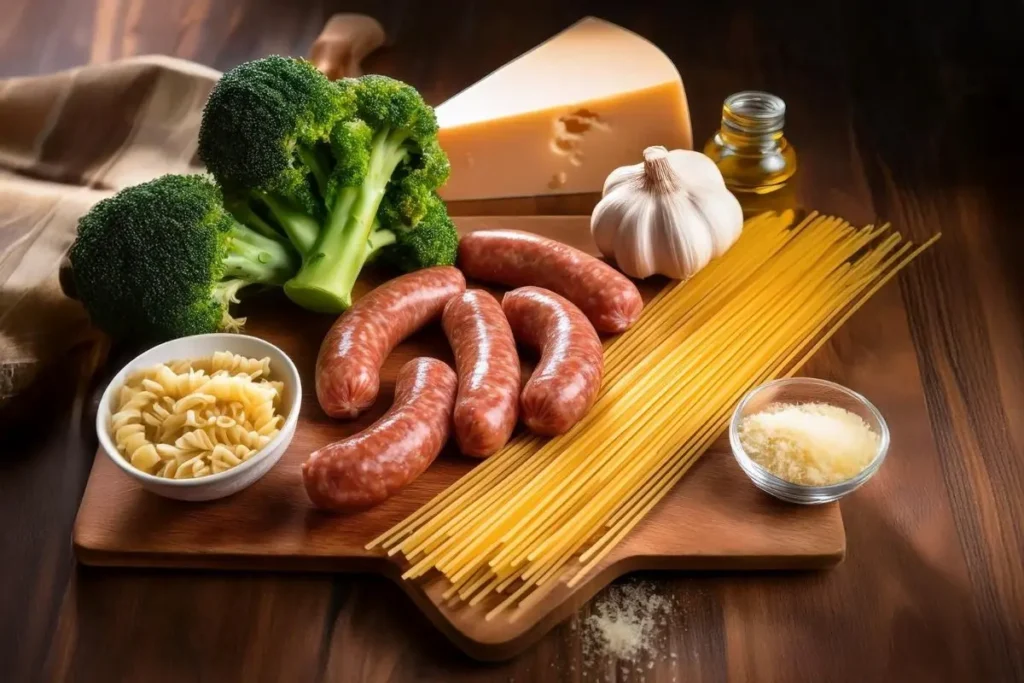 Fresh ingredients for pasta with sausage and broccoli on a cutting board.