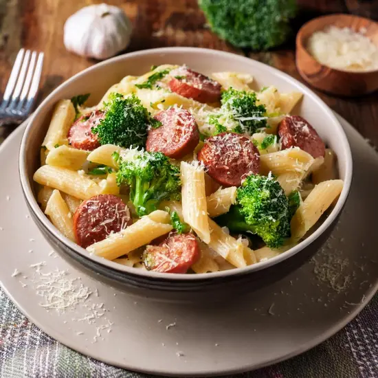 Pasta with sausage and broccoli garnished with parmesan and herbs.