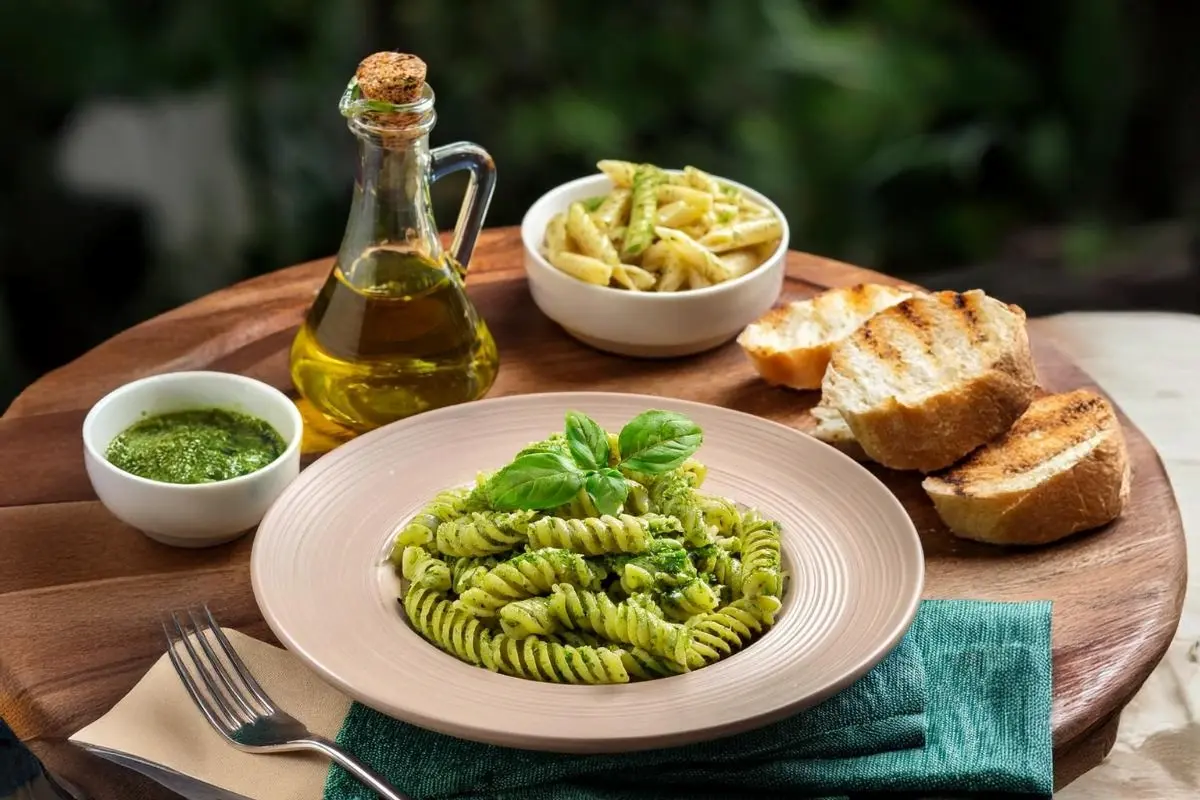 Casarecce pasta in pesto sauce served with garlic bread and salad.