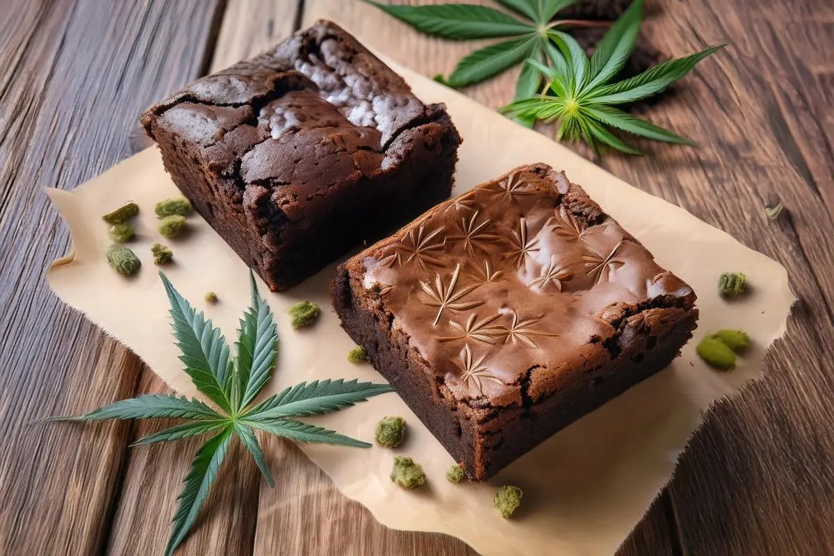 Hash brownie and weed brownie side by side on a wooden table.