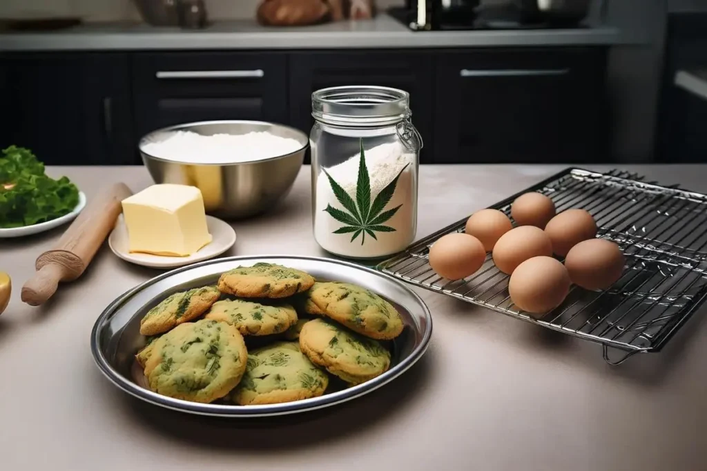 Ingredients for baking with weed, including cannabis butter and cookies.