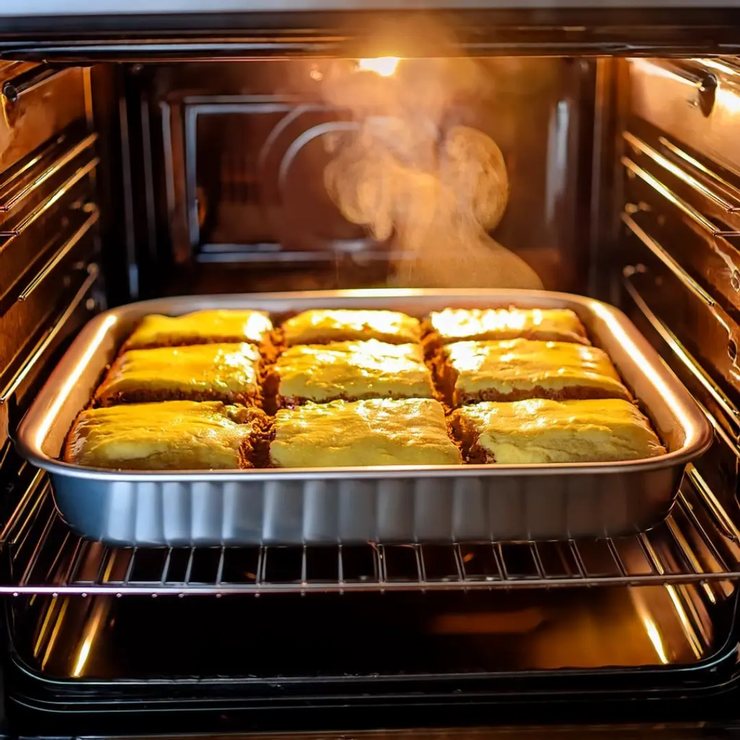 Lemon brownies baking in an oven.