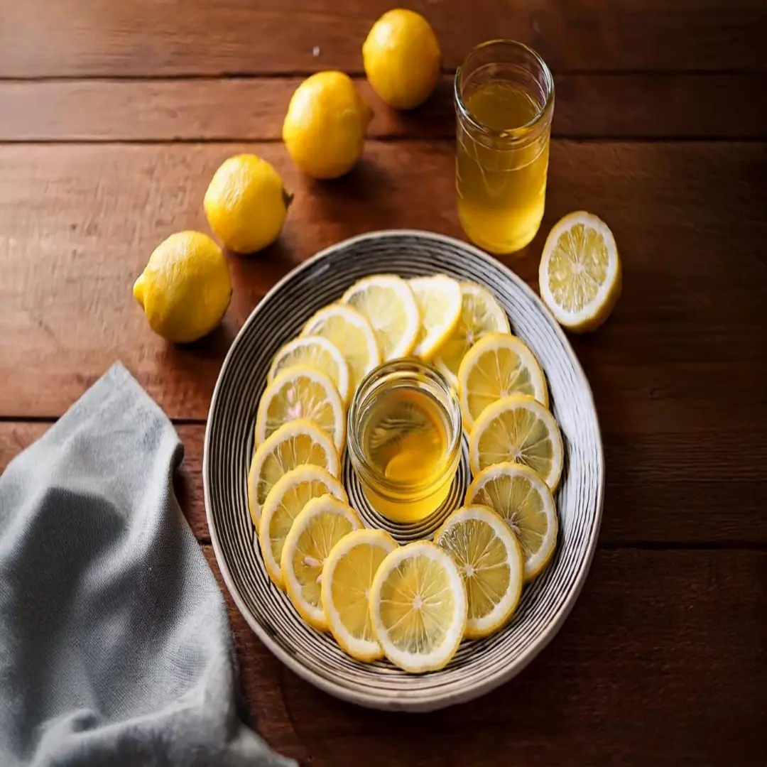  Sliced lemons on a plate with honey and water.