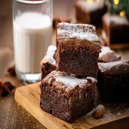 Close-up of traditional brownies on a wooden board.