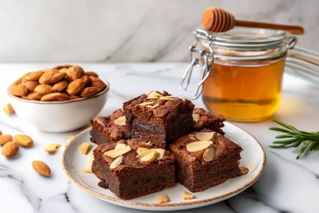 Healthier brownies topped with walnuts on a plate.