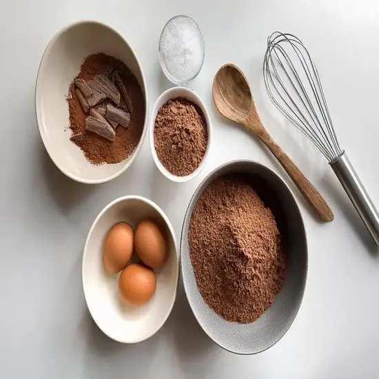 Flat-lay of brownie ingredients neatly arranged on a countertop.