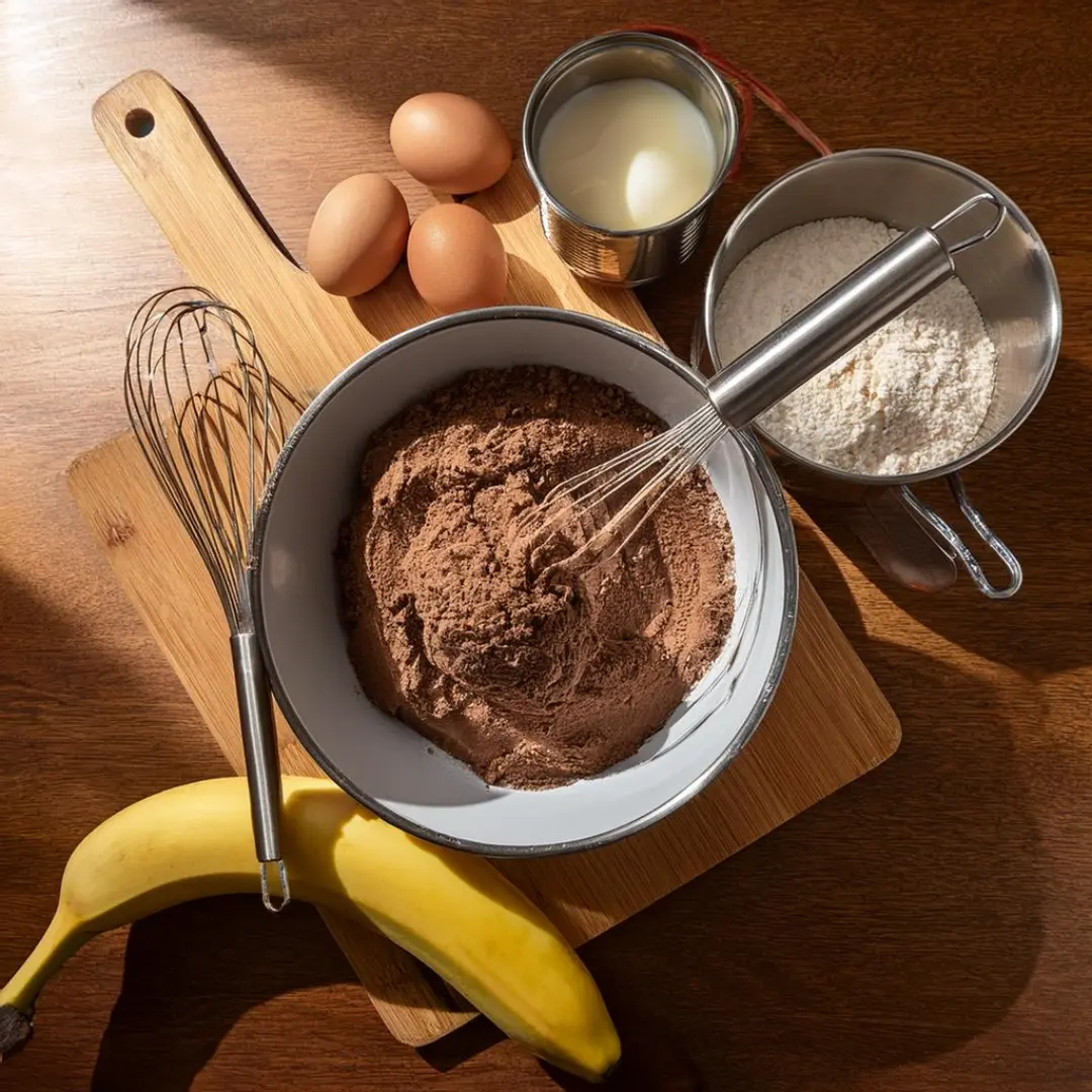 Mixing bowl with ingredients for banana brownie batter.