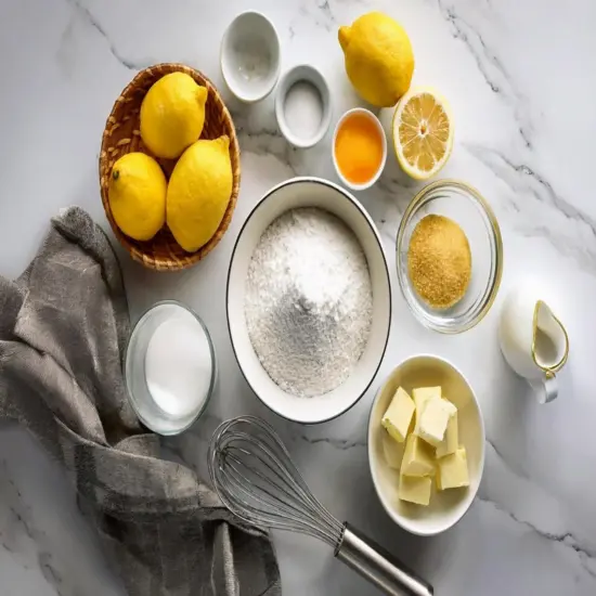 Ingredients for making lemon brownies on a marble countertop.