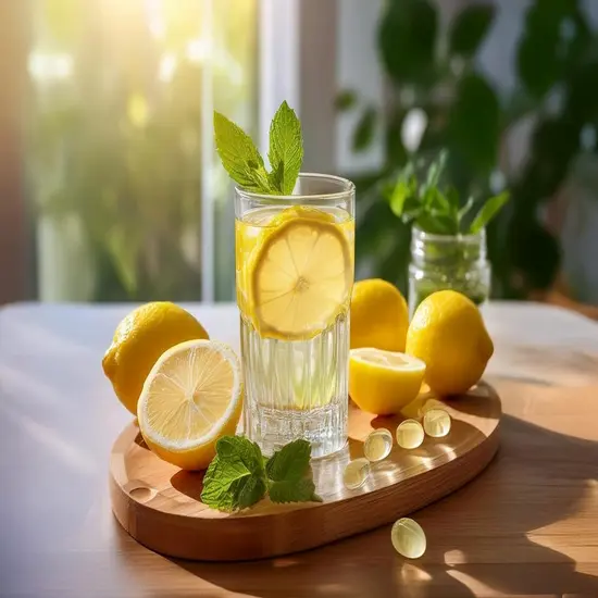  Sliced lemons on a cutting board with lemon water and mint.