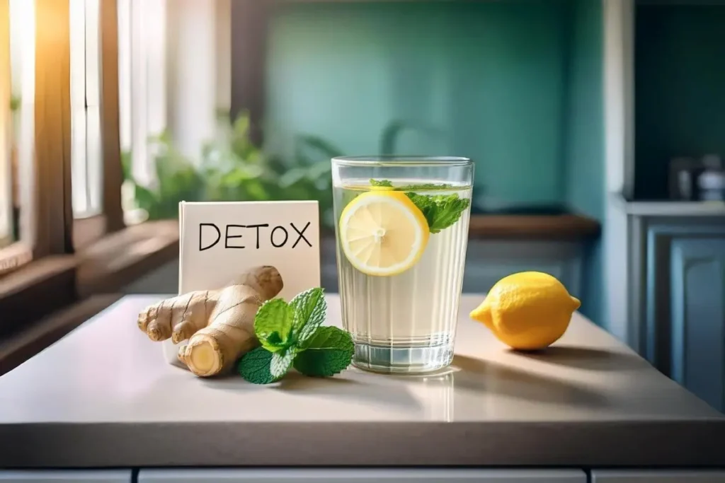 Glass of warm lemon water with ginger and mint for detox.