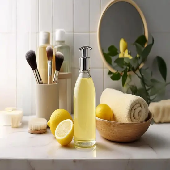 Homemade lemon toner with skincare tools on a counter.