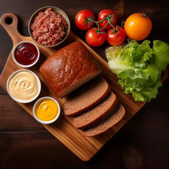 Ingredients for a leftover meatloaf sandwich on a cutting board.