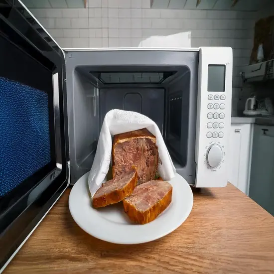 Meatloaf slices covered with a damp paper towel in a microwave.