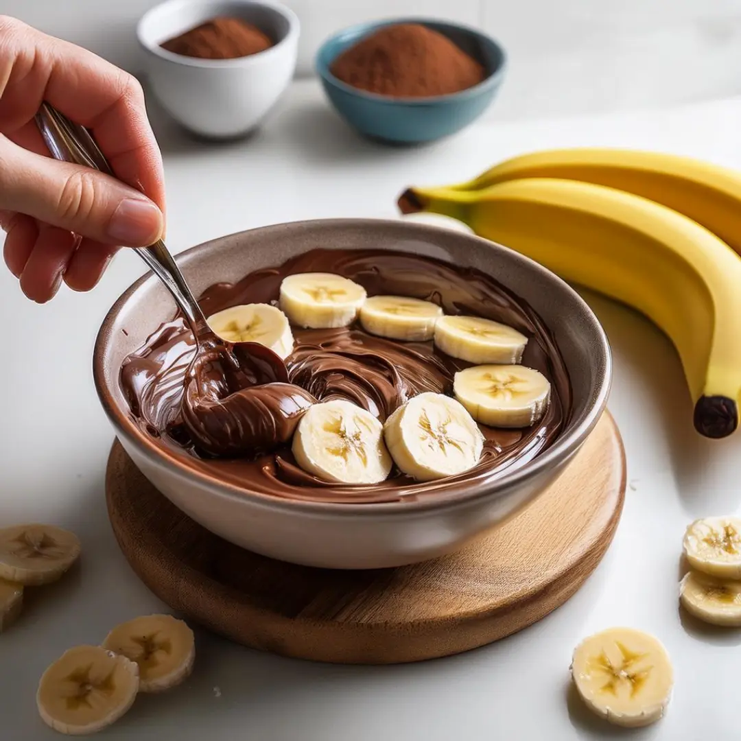 Mixing banana slices with melted chocolate in a bowl.