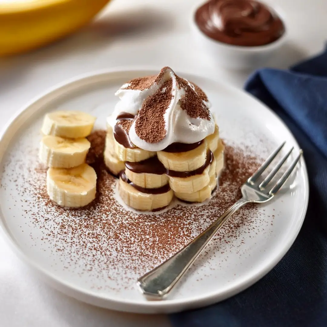 Banana slices with chocolate sauce and whipped cream.