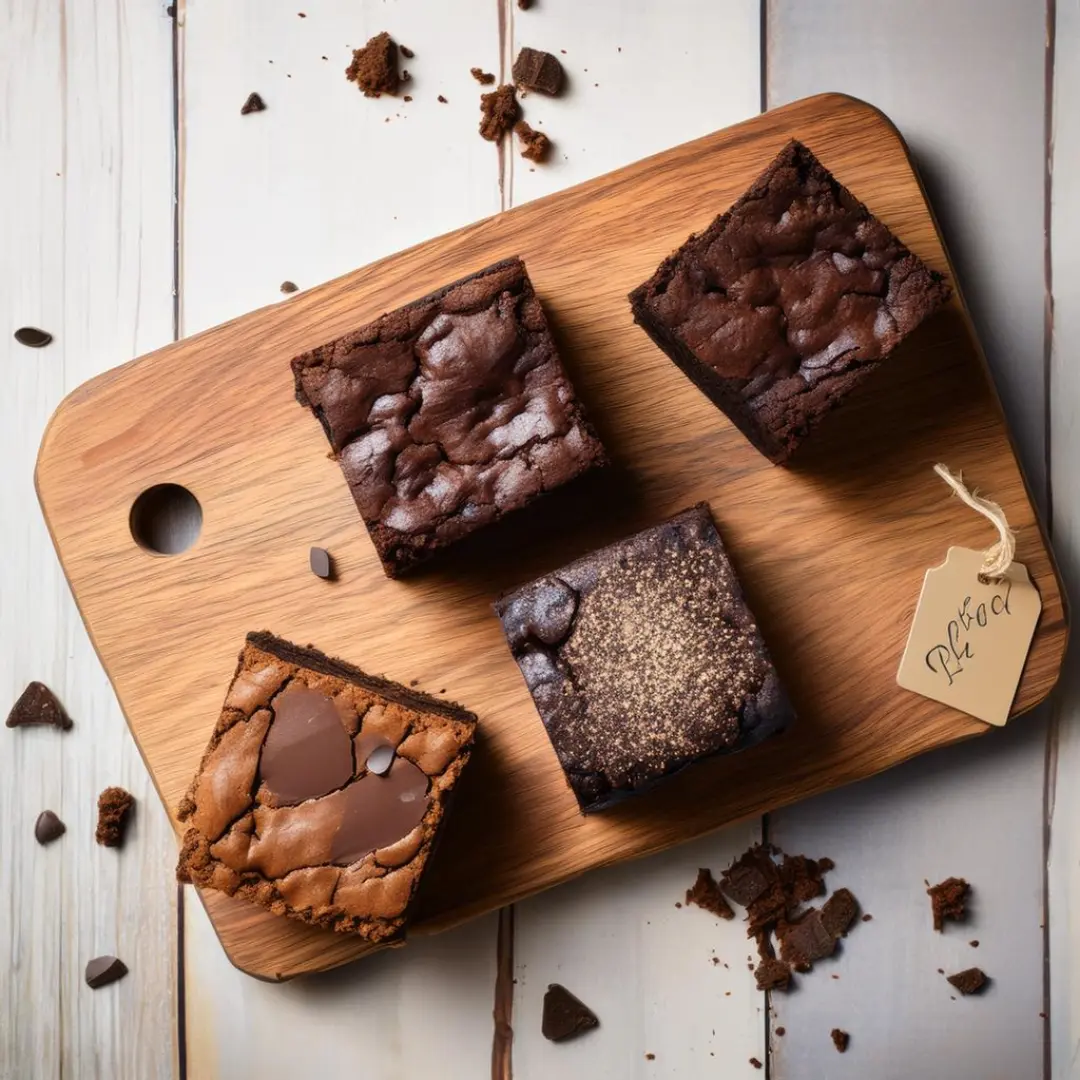 Fudgy, cakey, and chewy brownies displayed on a wooden board.