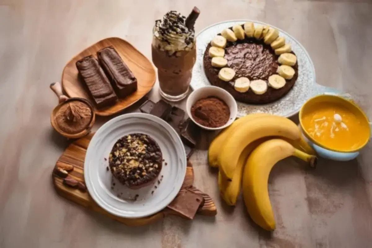 Fresh bananas with dark chocolate bars on a rustic table.