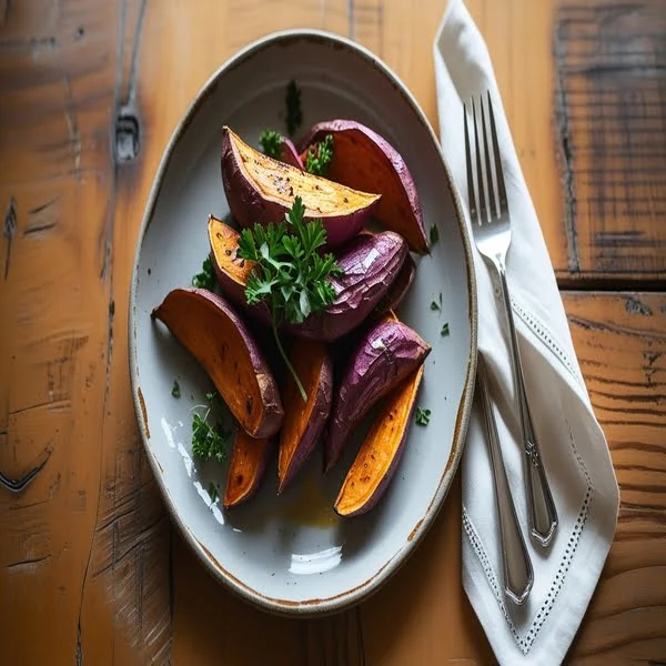 Roasted purple sweet potatoes garnished with parsley
