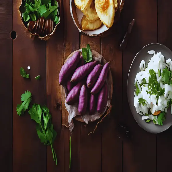 Whole unpeeled purple sweet potatoes on a rustic wooden counter