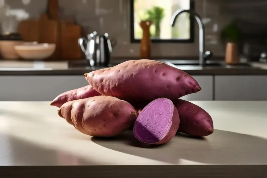 Fresh purple sweet potatoes on a kitchen counter