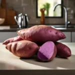 Fresh purple sweet potatoes on a kitchen counter