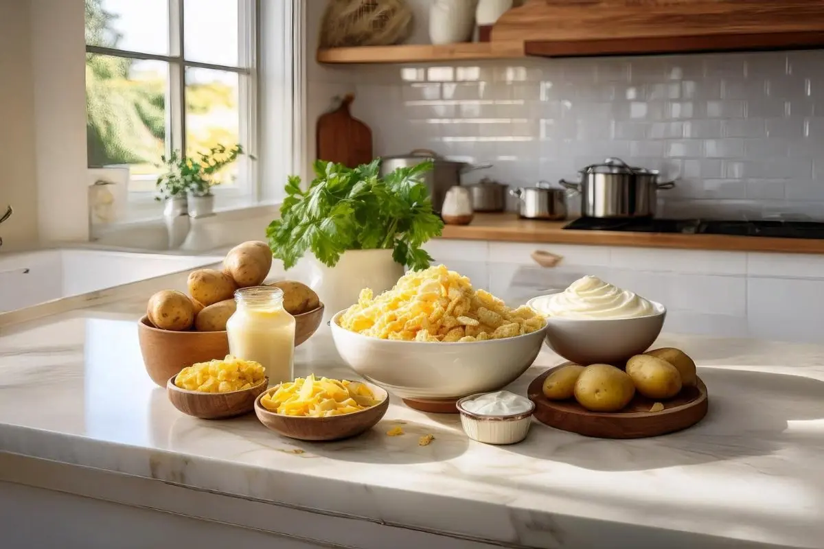 Ingredients for making funeral potatoes arranged on a white marble counter.